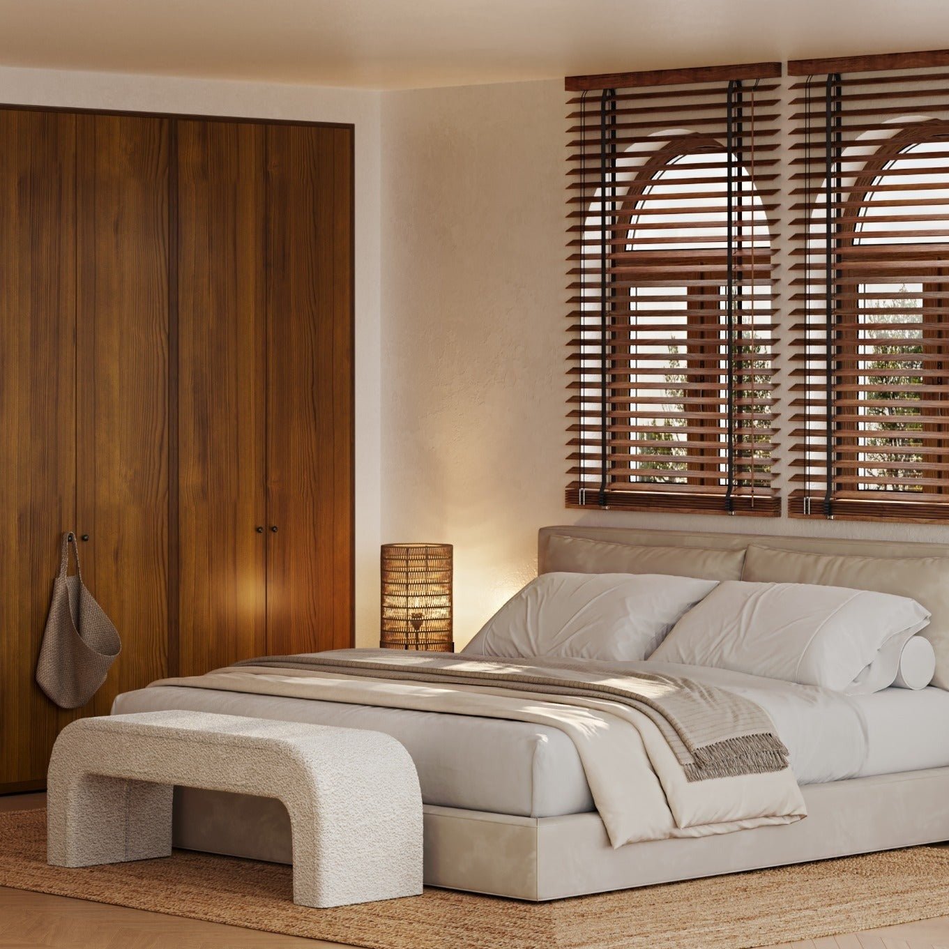 Cream boucle upholstered backless bench with rounded arch legs placed at the foot of a neutral upholstered bed in a coastal-contemporary bedroom with wood blinds and a woven rug.