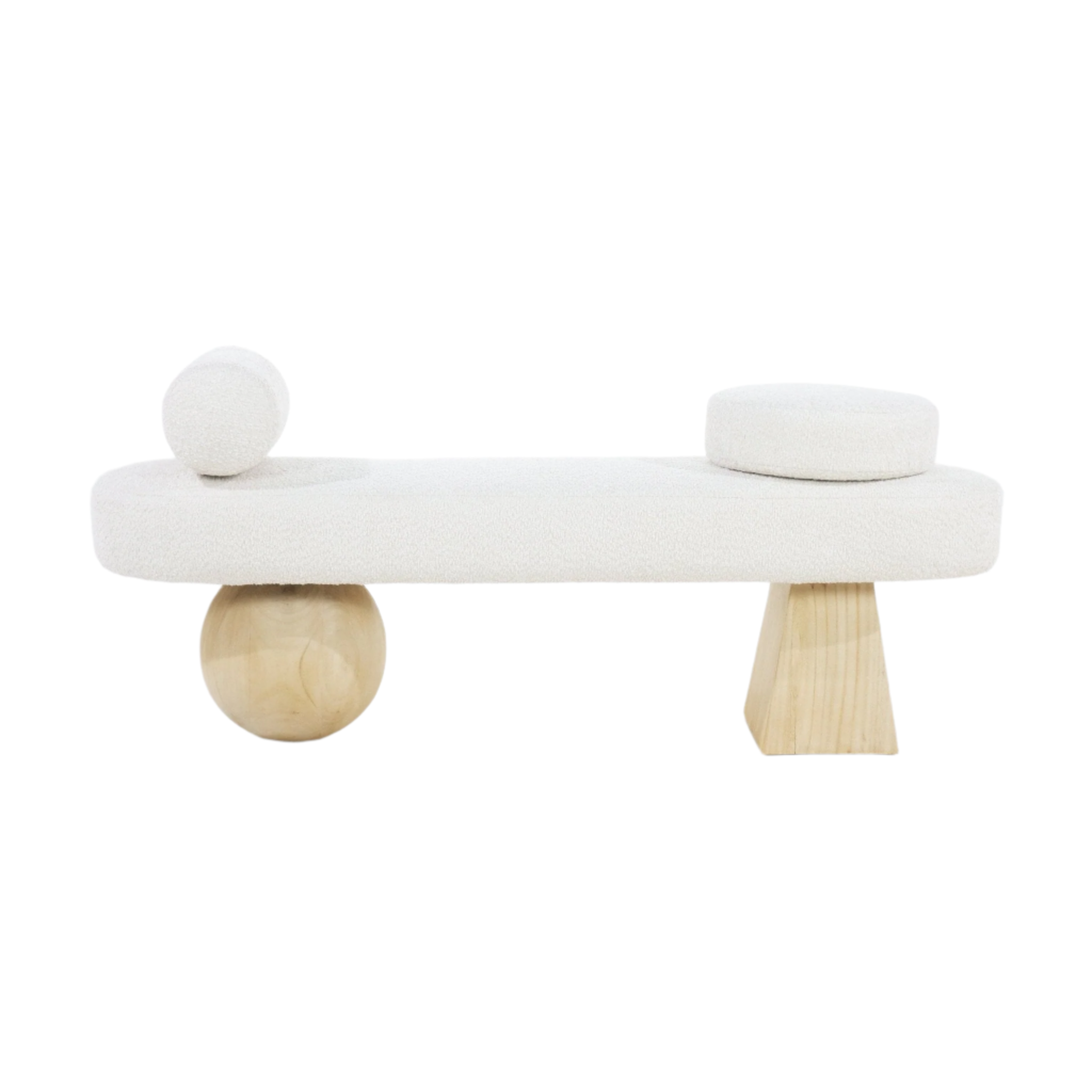 Cream boucle-upholstered 59-inch end-of-bed bench in coastal-contemporary style with light solid wood legs — one spherical wood leg and one tapered block leg — topped with two removable round cushions.