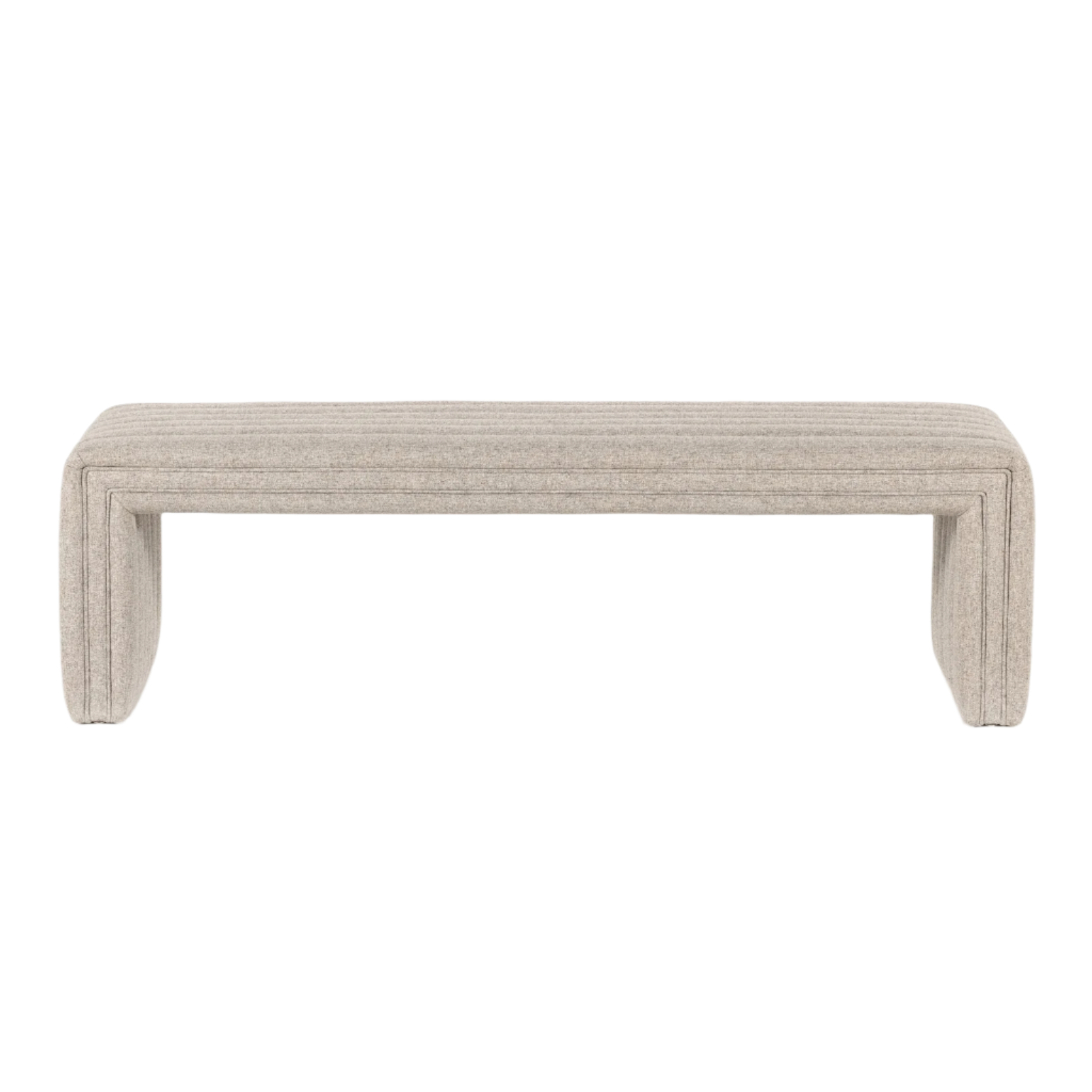 59-inch upholstered end-of-bed bench in natural beige boucle fabric, featuring horizontal channel stitching on the seat and continuous curved U-shaped legs for a modern coastal look.