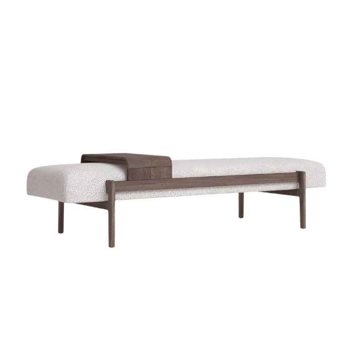 Backless 59-inch bench upholstered in off-white boucle on a stained solid wood frame with tapered legs and a low-profile wooden tray accent, shown in a modern coastal styling.