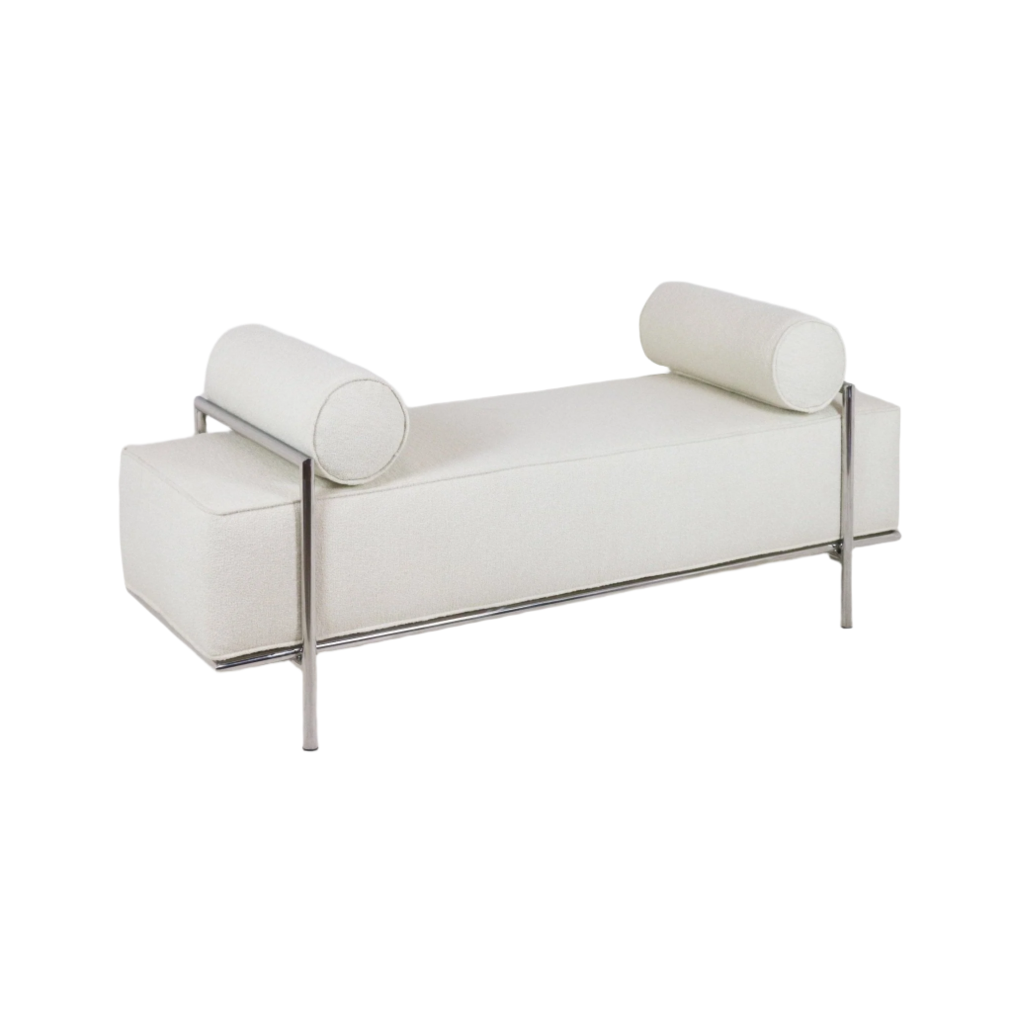Modern white upholstered end-of-bed bench with a rectangular cushioned seat and two round bolster pillows, supported by a slim polished stainless-steel frame and legs.