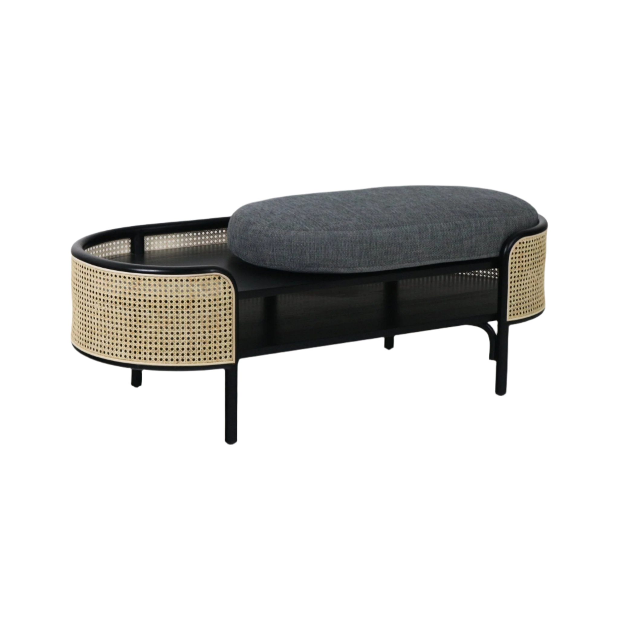 75-inch solid wood bench with a black frame and natural rattan cane panels, topped by an oval gray fabric cushion and a lower shelf, supported on slim black legs for boho-modern bedroom or entryway seating.