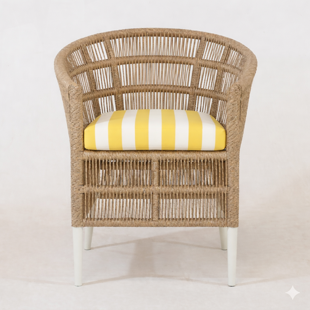 Front view of the Sirena Wicker chair with a yellow and white cushion on a light background by interiortonic.com