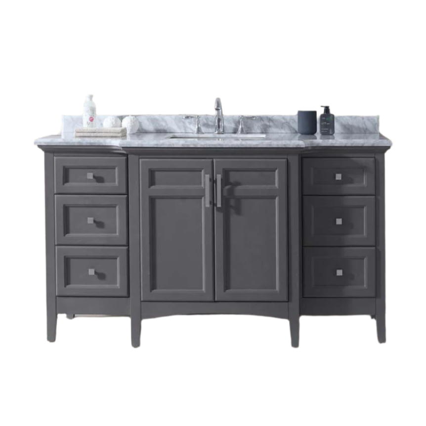 60-inch gray solid wood bathroom vanity with marble stone top, single undermount ceramic sink, chrome center faucet, central double doors and three drawers on each side in a freestanding modern design.