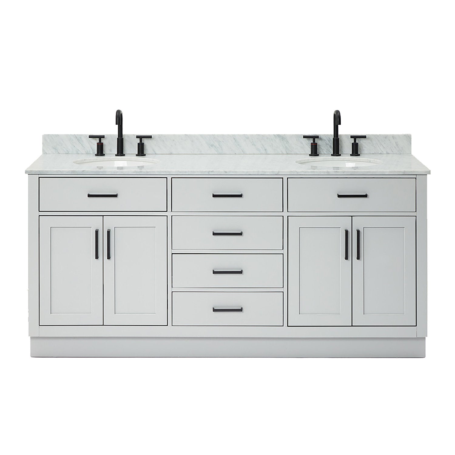 73-inch white solid wood double bathroom vanity with Giotto quartz countertop, two integrated oval sinks, matte black faucets and matching hardware in a modern-contemporary freestanding design.