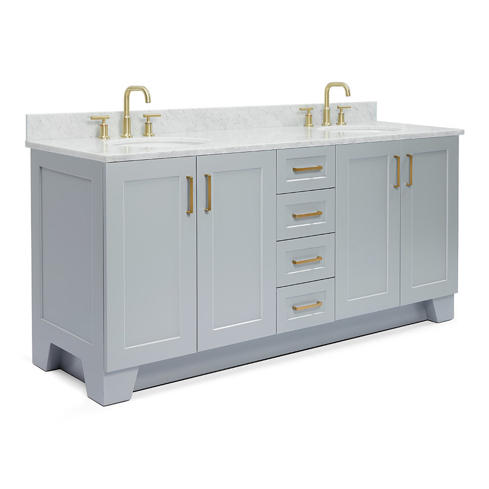 73-inch gray solid wood bathroom vanity with white stone countertop and backsplash, two under-mount oval sinks, satin bronze faucets and matching bronze handles, four center drawers and paneled doors.