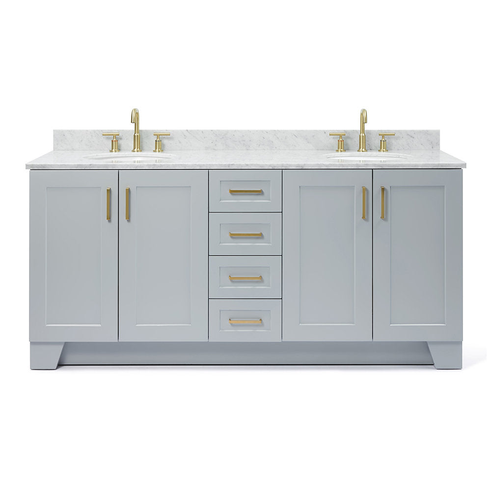 73-inch freestanding solid wood bathroom vanity in light gray with a white stone countertop, two undermount sinks, satin-bronze faucets and pulls, recessed-panel doors and a center column of four drawers.