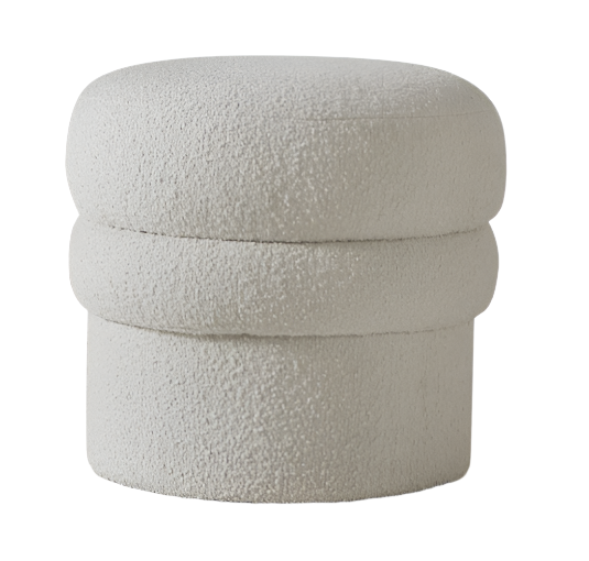 Round ivory boucle ottoman with a stacked-cushion silhouette, plush textured upholstery and a short cylindrical base, a modern armless footstool for living rooms.