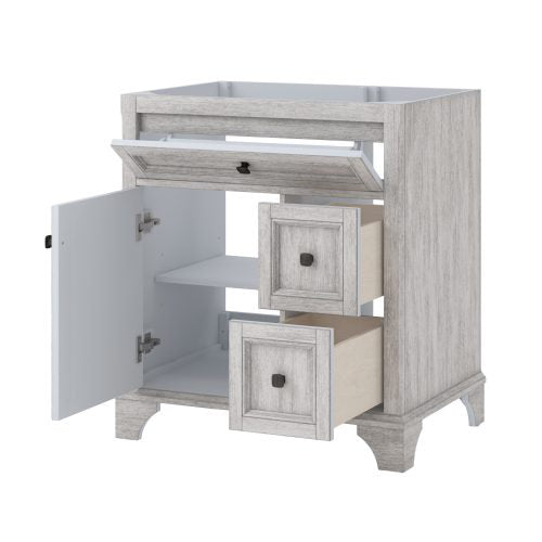 31-inch modern solid wood bathroom vanity in white finish with white quartz top; left cabinet door open revealing interior shelf and two drawers pulled out, square dark knobs and bracket-style feet.