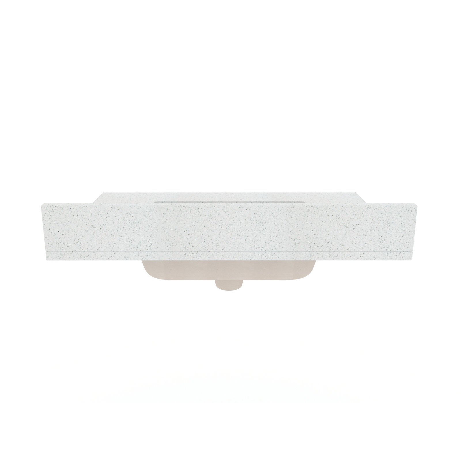 Top-front view of a modern white speckled quartz vanity top with a rectangular integrated sink and a visible ceramic undermount basin against a white background.
