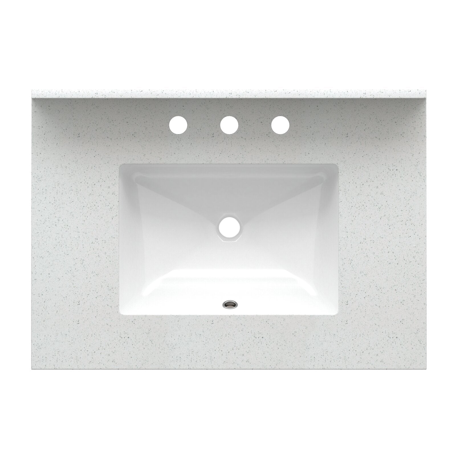 Top-down view of a white quartz vanity top with subtle speckling and a centered rectangular white ceramic sink, showing three pre-drilled faucet holes and a circular drain.