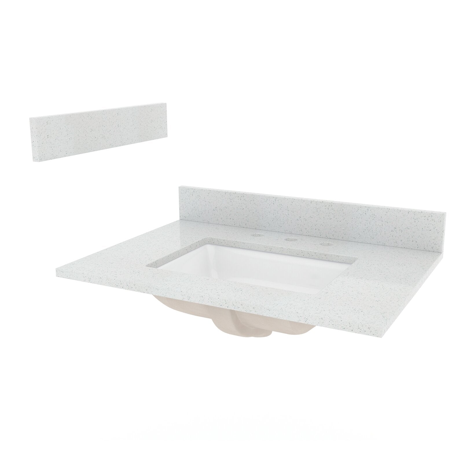 White speckled quartz vanity top with matching low backsplash and rectangular undermount white ceramic sink, predrilled for a three-hole faucet, shown as a modern vanity top assembly without the base.