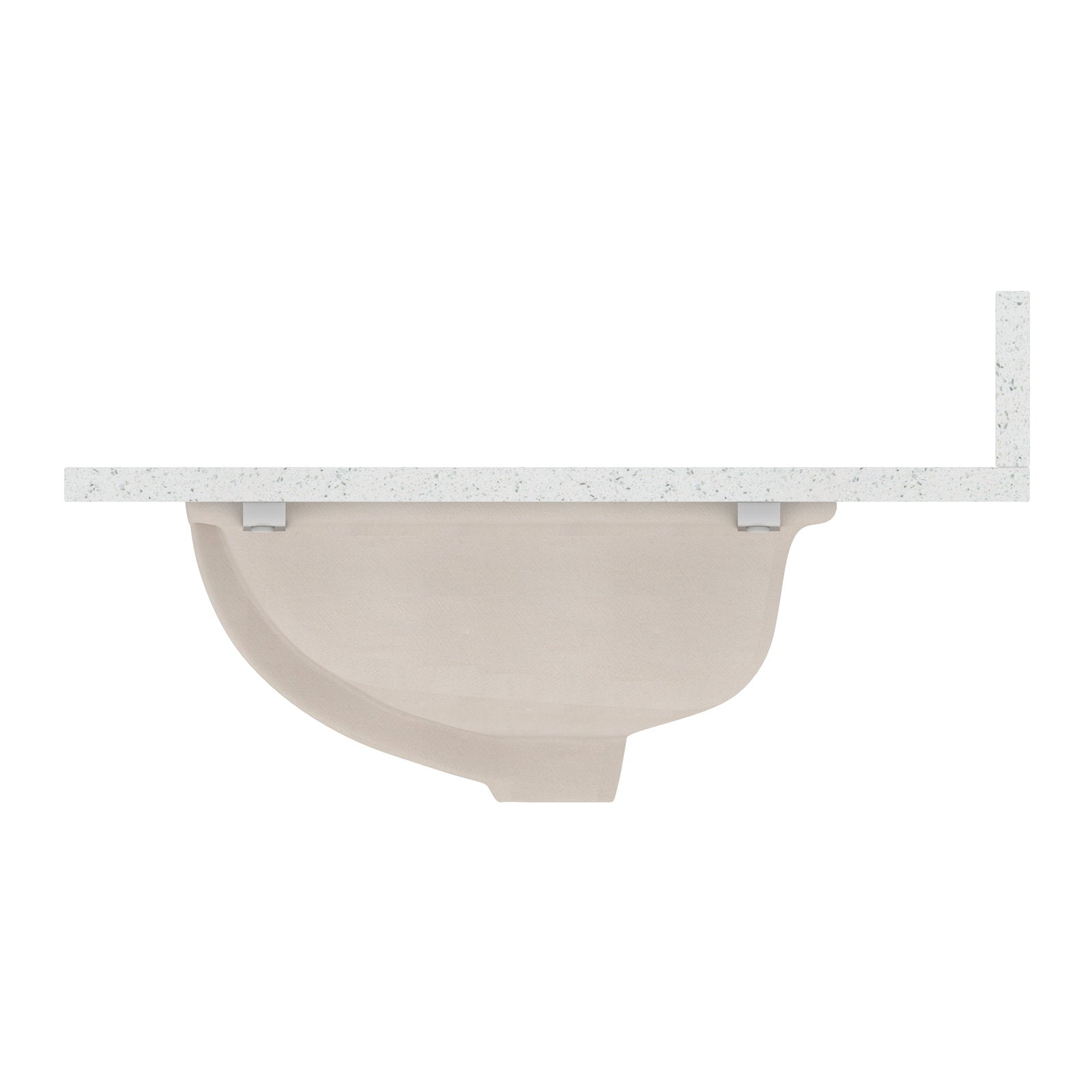 Side view of a white speckled quartz countertop with a short backsplash and the attached off-white ceramic undermount sink visible from below.