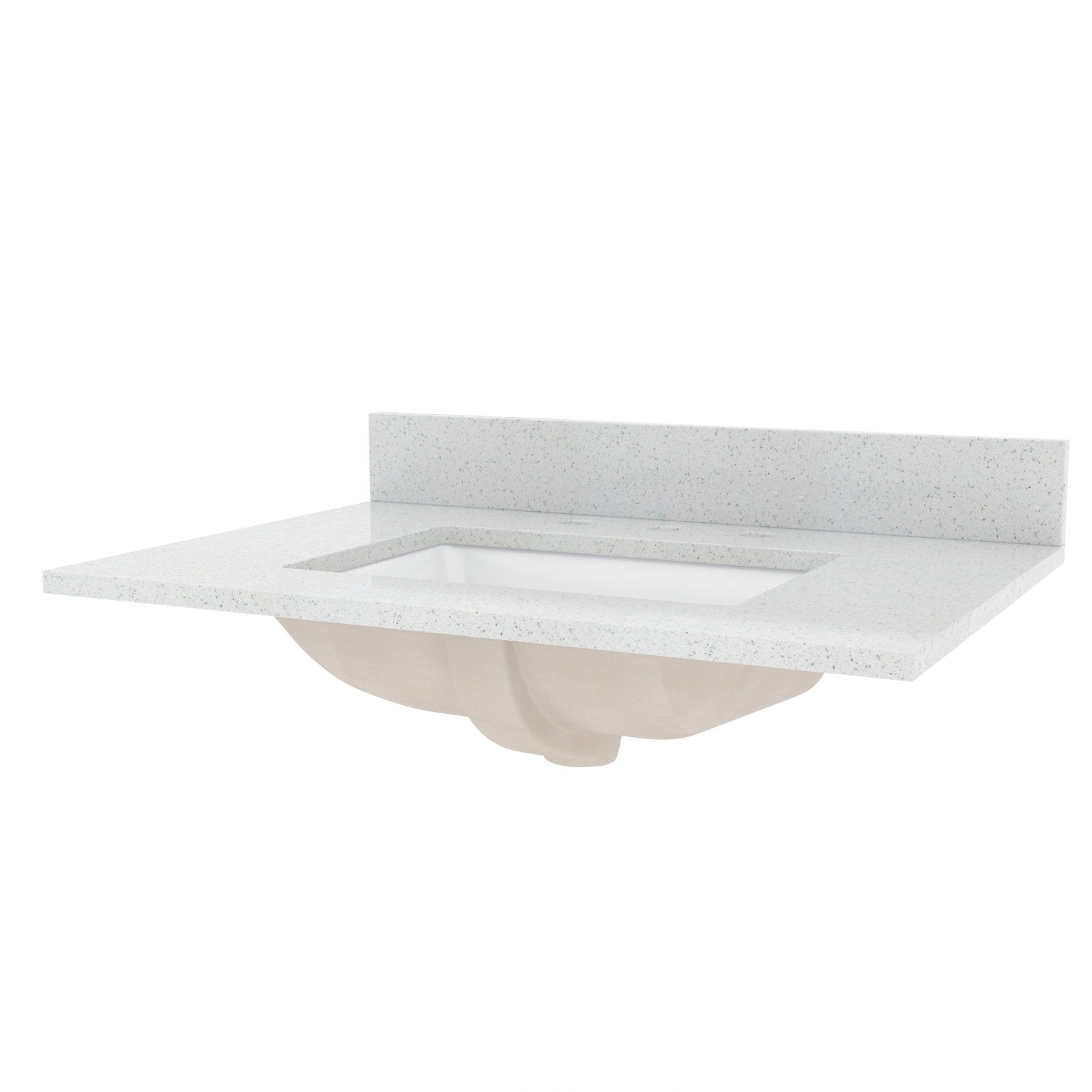 White speckled quartz 31-inch vanity top with matching low backsplash and rectangular undermount ceramic sink, shown from a front-angled view for a modern single-sink bathroom vanity.