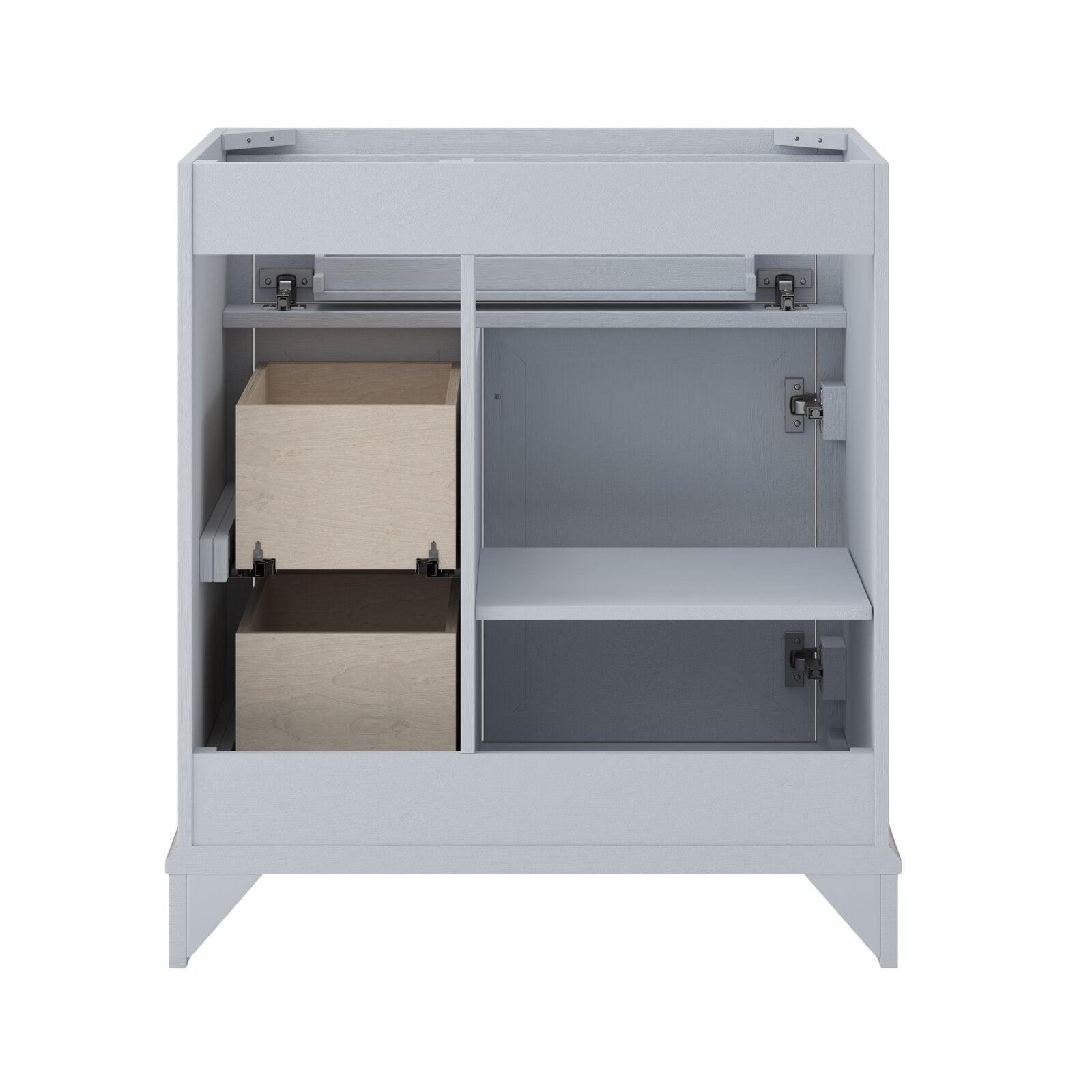 Interior view of a white solid wood 31-inch single-sink bathroom vanity showing two natural wood pull-out drawers on the left, an adjustable shelf and soft-close hinges on the right, plus a freestanding base.