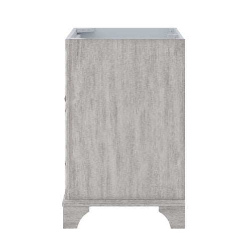 Side view of a 31-inch modern solid wood bathroom vanity in a white finish, showing the side panel, open top cavity for a quartz countertop, and decorative arched cutout base.