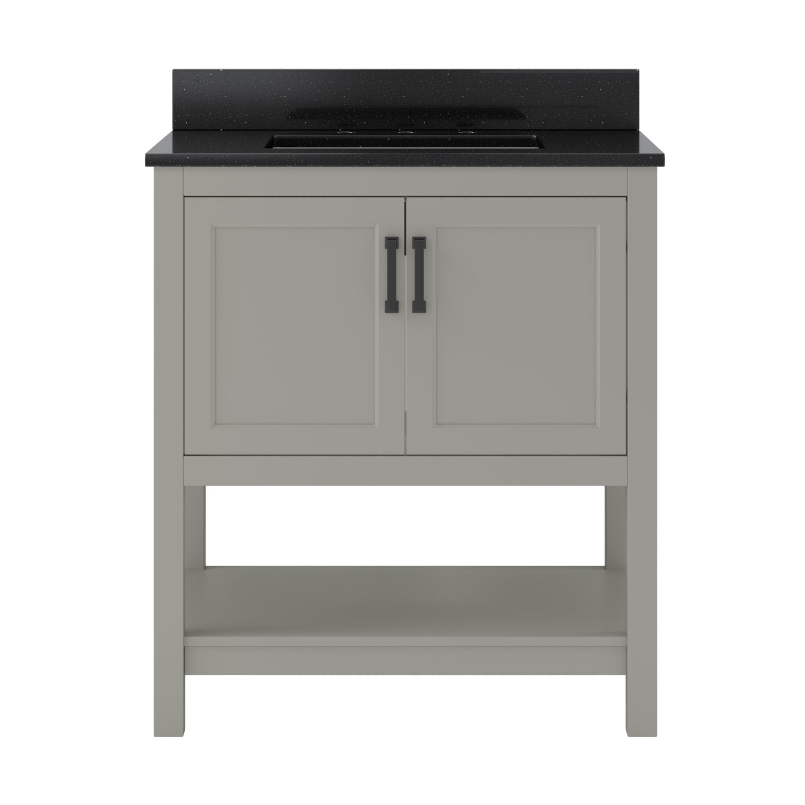 Freestanding 31-inch solid wood modern bathroom vanity with black quartz countertop and integrated rectangular sink, shaker-style double doors, black hardware and open lower shelf.