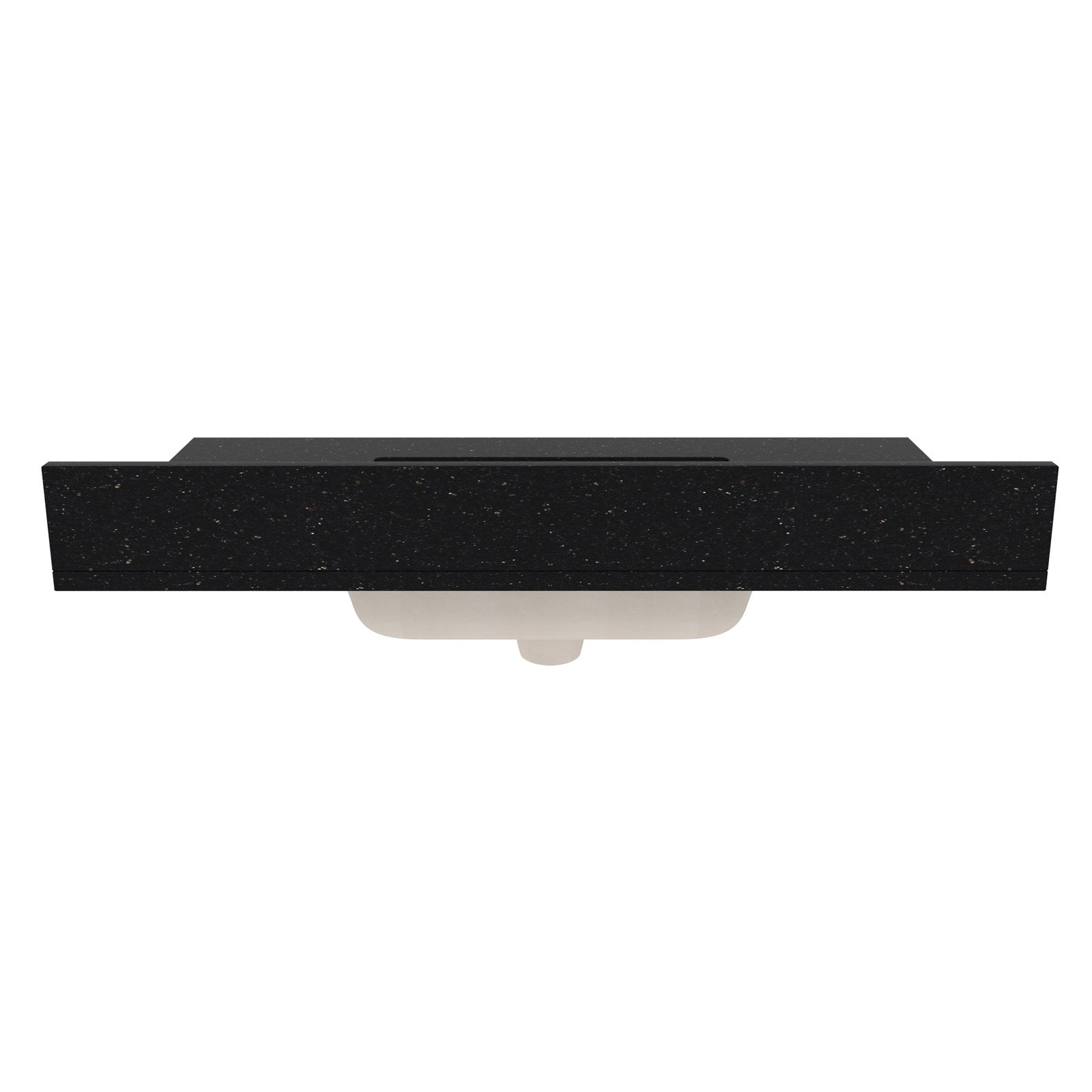 Black speckled marble bathroom vanity top with a central rectangular basin cutout and white ceramic undermount sink visible from below.