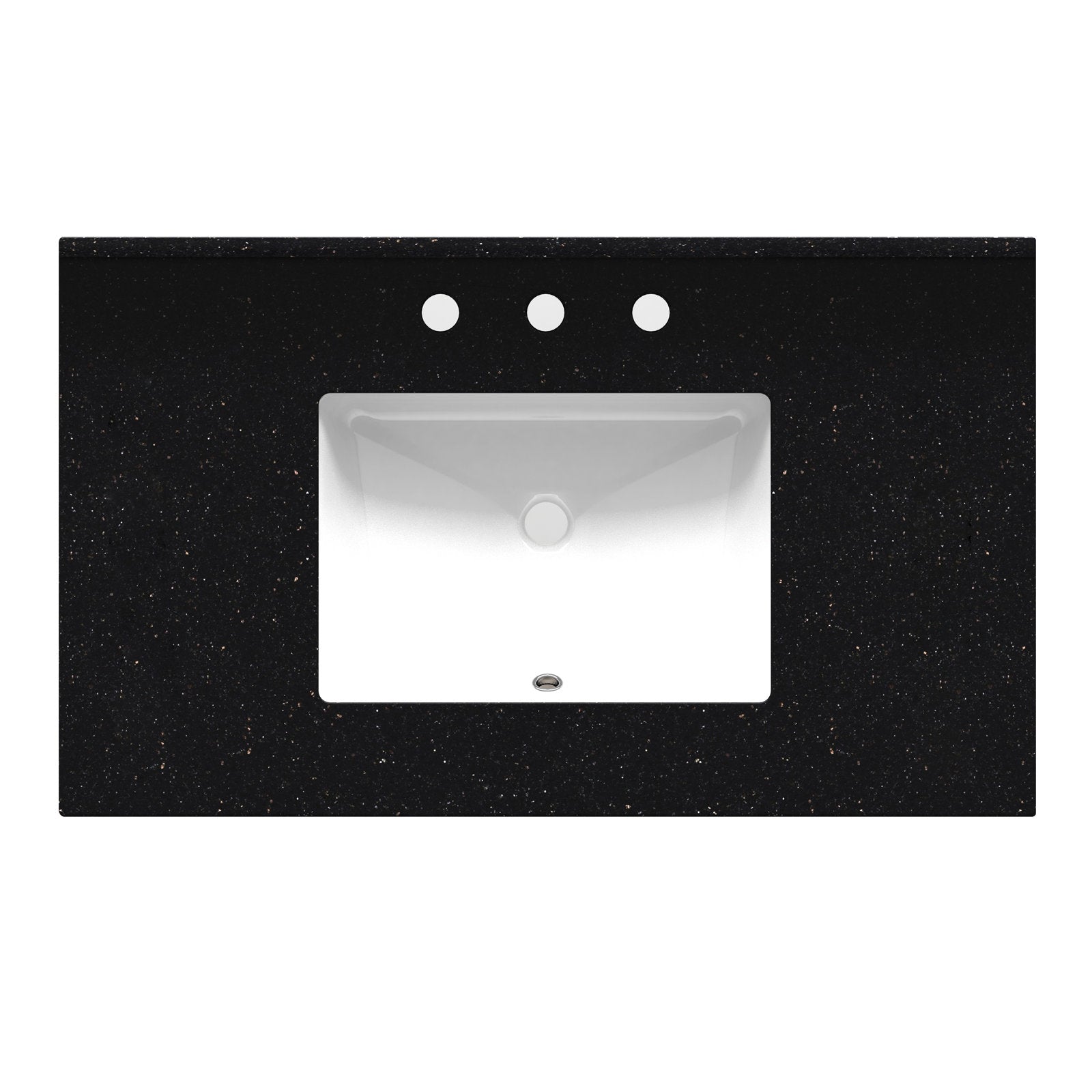 Top-down view of a black marble vanity top with subtle gold flecks and a centered white rectangular ceramic sink, showing three pre-drilled faucet holes above the basin and a round drain at the bottom.