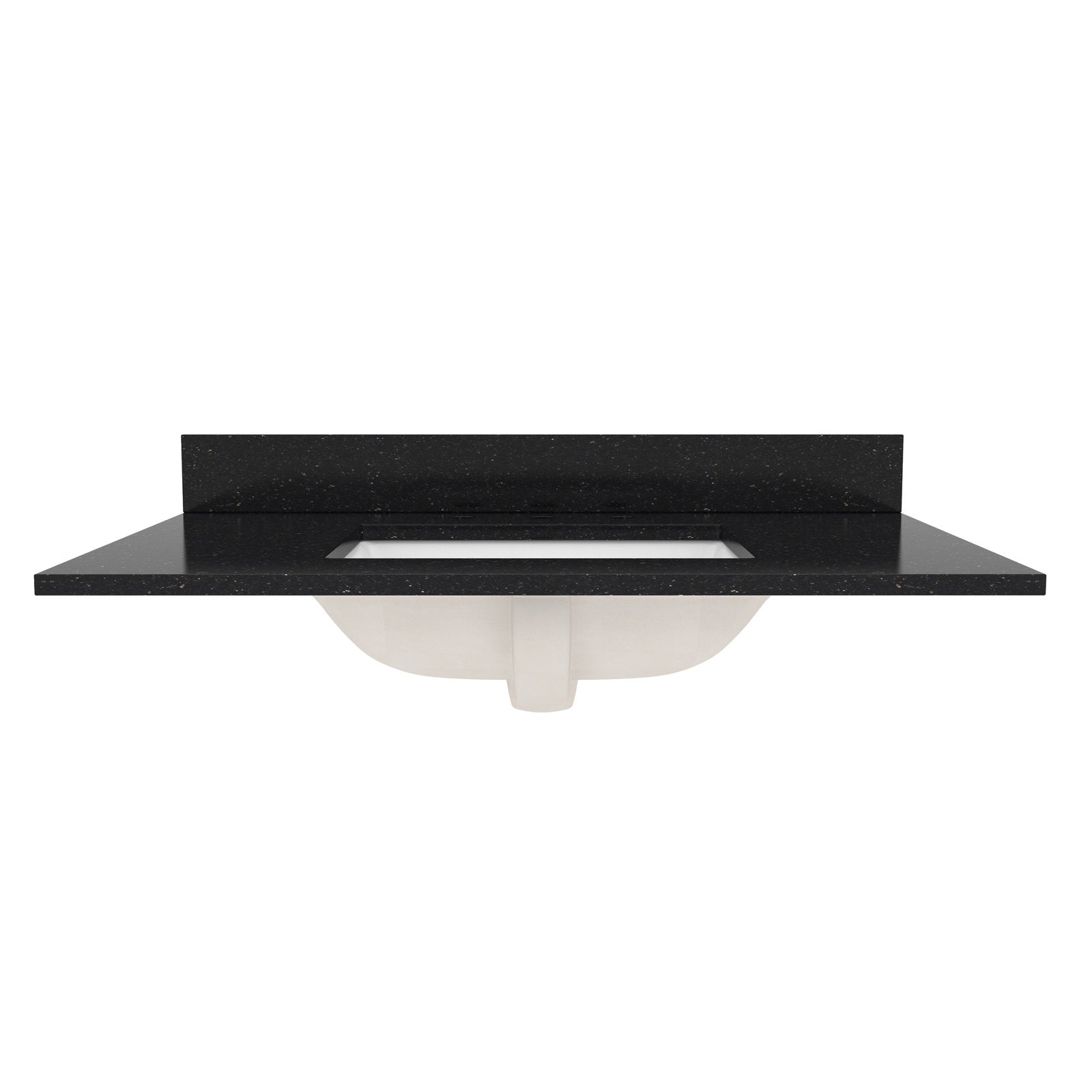 Black marble vanity top with a short matching backsplash and a white ceramic undermount sink shown from the front, styled for a contemporary glam bathroom.