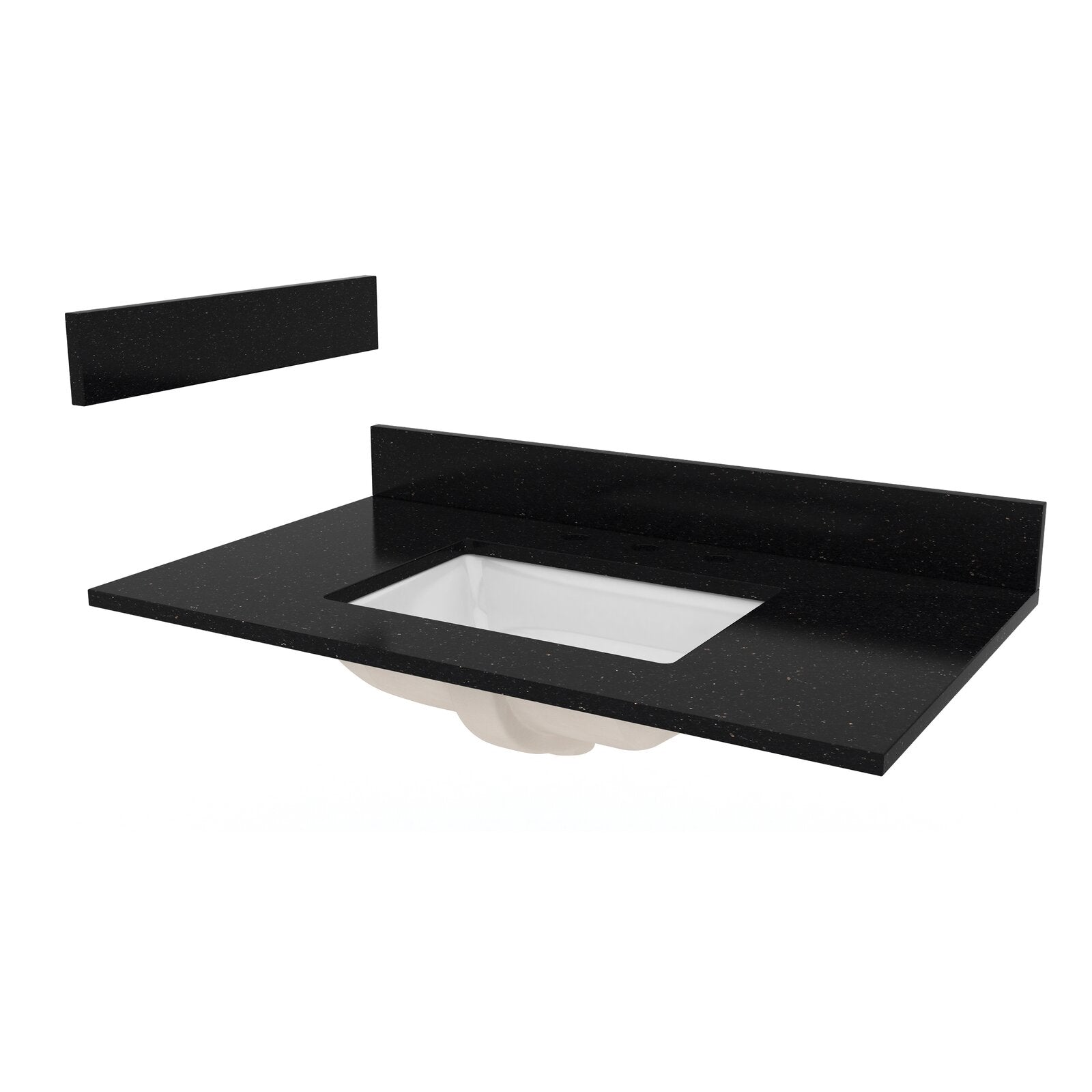 37-inch black marble bathroom vanity top with a white rectangular undermount ceramic sink, matching black marble backsplash and separate side splash shown as a glam-contemporary single-sink vanity component.