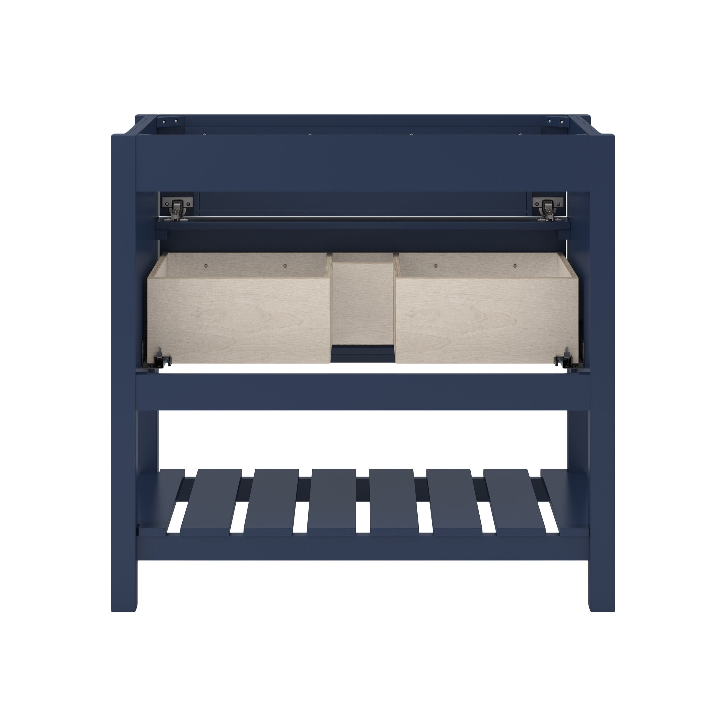 Front view of a black solid wood single-sink vanity frame with two exposed light-wood drawer boxes, visible metal slide hardware and a lower slatted shelf, shown without countertop or sink.