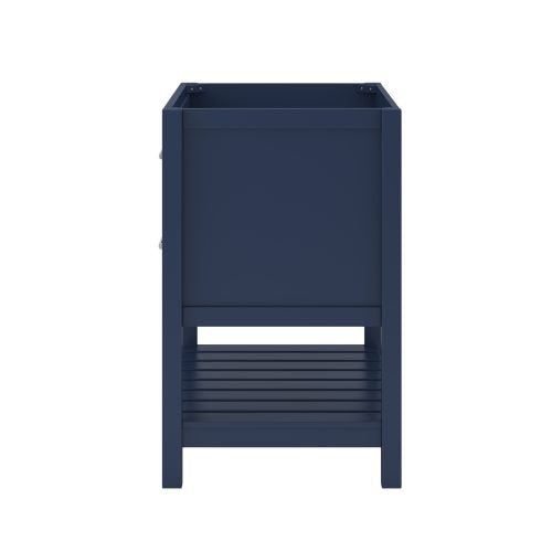 Front view of a navy freestanding single-sink solid wood vanity with a slatted lower shelf, recessed sink opening and clean glam-style lines; white marble countertop option referenced in product details.