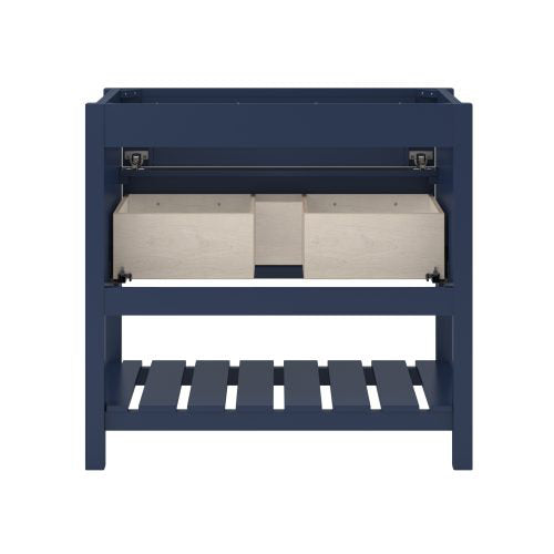 Front view of a navy blue solid wood bathroom vanity frame with two light wood inner drawers extended and a slatted lower shelf, showing an open top prepared for a marble countertop and sink installation.
