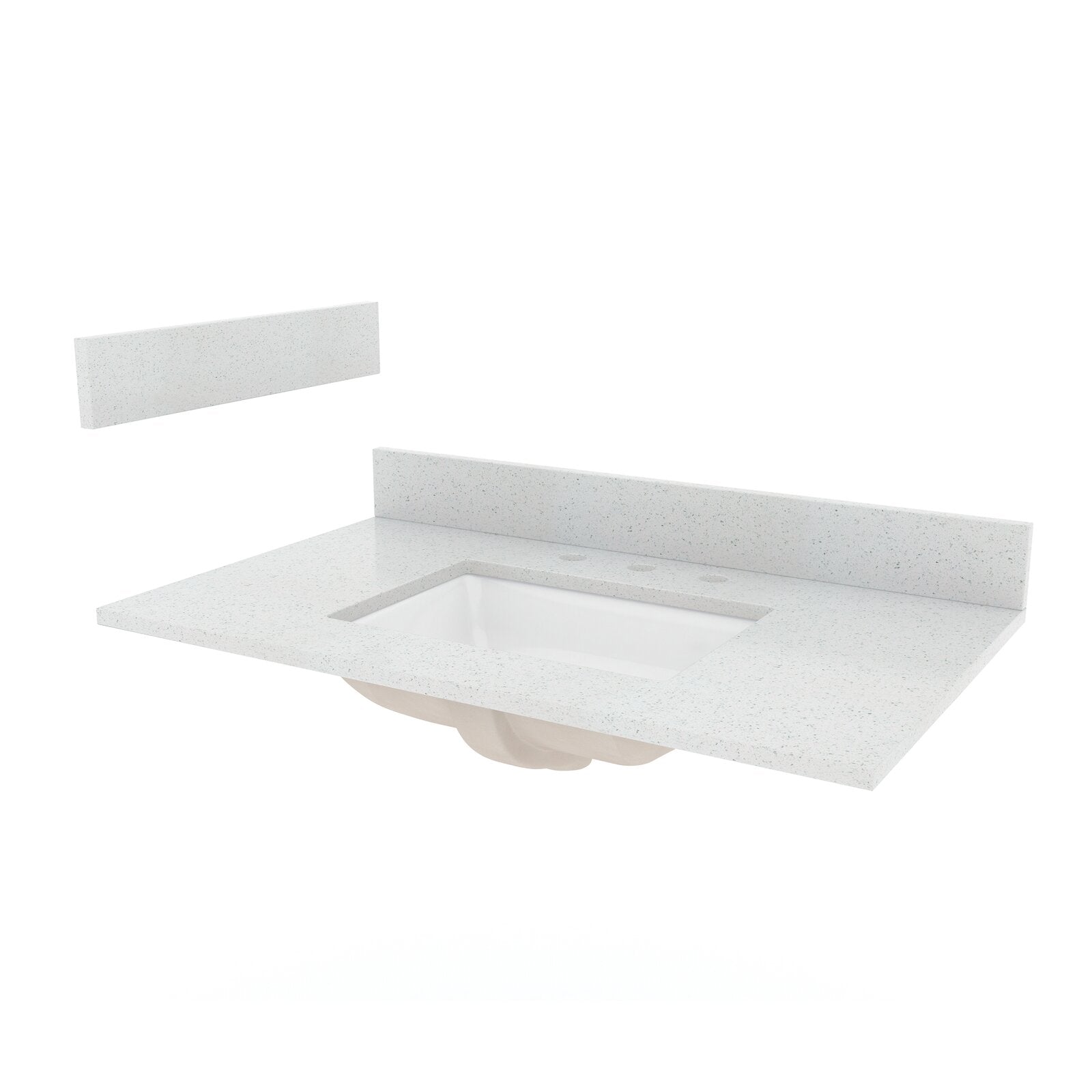 White marble vanity top with subtle speckling, featuring a rectangular undermount ceramic sink and a matching marble backsplash piece, sized for a 37-inch single-sink glam bathroom vanity.