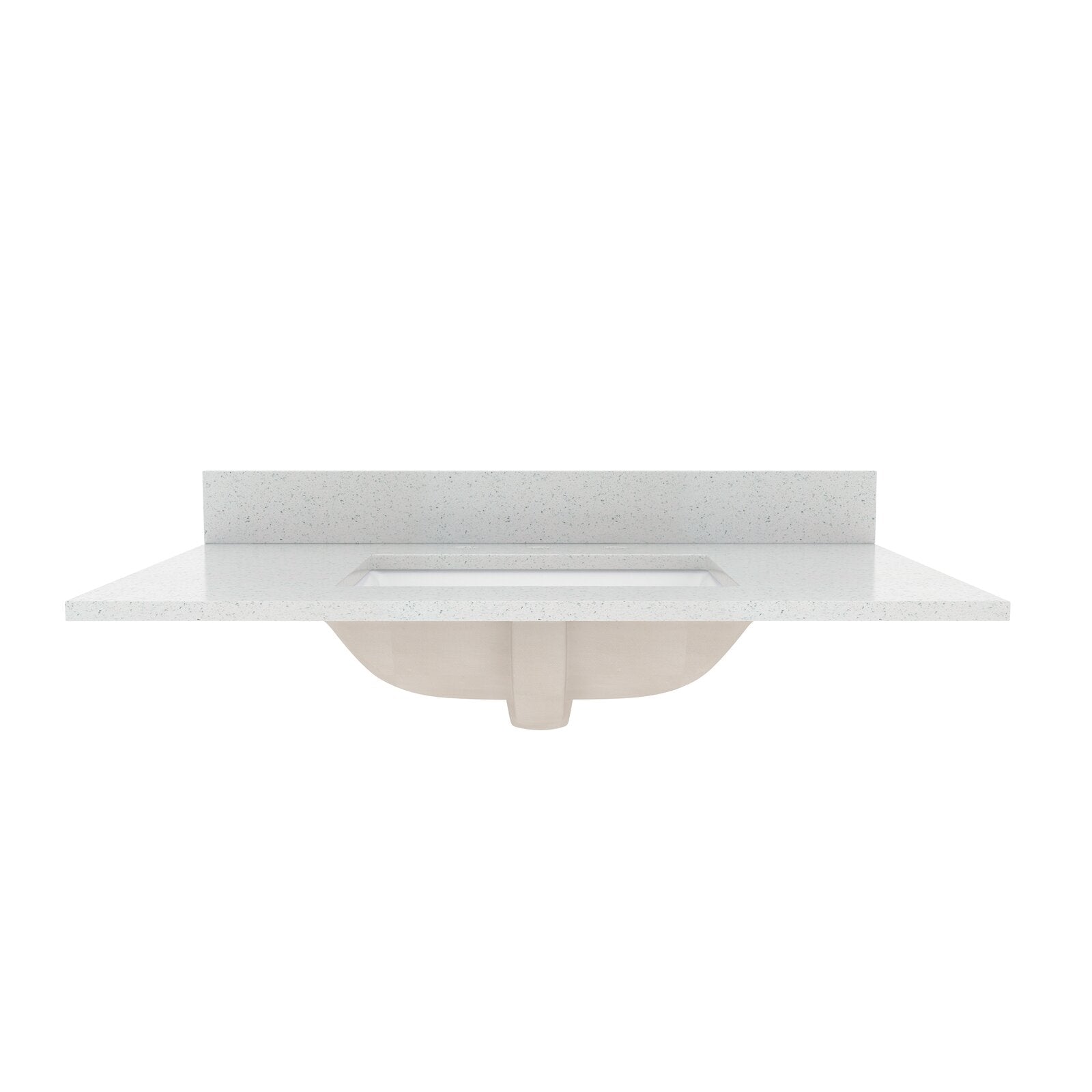 White speckled marble vanity top with matching low backsplash and integrated rectangular undermount sink, glam-style freestanding top with the basin underside visible beneath the countertop.