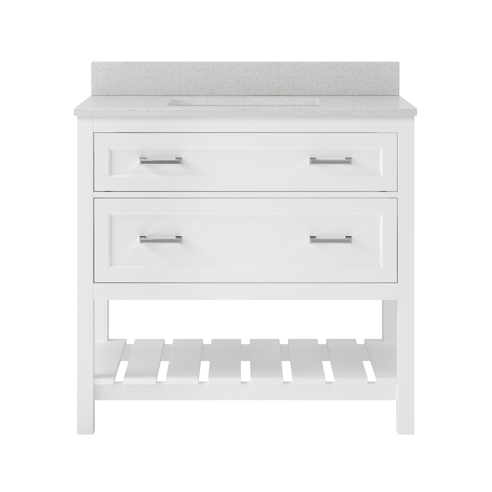 Freestanding white solid-wood 37-inch bathroom vanity with white speckled marble top and integrated rectangular sink, two drawers with chrome bar pulls and an open slatted shelf at the base.