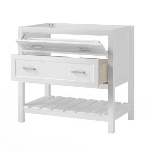White solid wood freestanding 37-inch single-sink vanity base with an open slatted lower shelf, one wide drawer and a hinged flip-up front panel, chrome bar pulls, and an unfinished top for marble or sink installation.