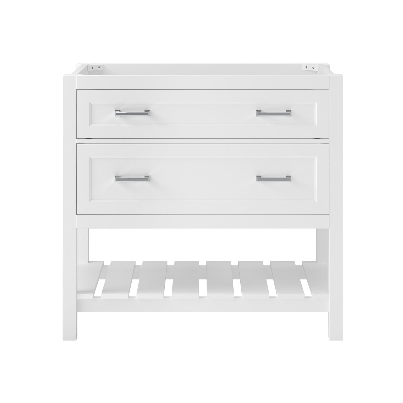 Front view of a 37-inch white solid wood freestanding bathroom vanity base in glam style with two framed drawers, chrome bar handles, and an open slatted bottom shelf.