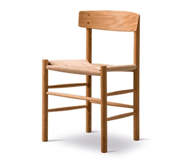 Mid-century modern dining chair in natural teak with a woven papercord seat, curved solid teak backrest, round legs and horizontal stretchers shown on a white background.