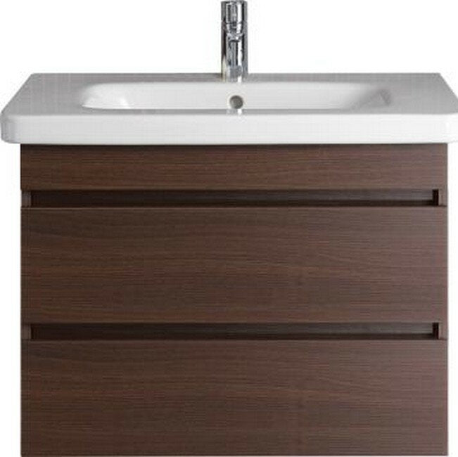 Front view of a modern wall-mounted solid wood bathroom vanity with dark wood grain finish, integrated white ceramic single sink, chrome single-handle faucet, and two horizontal recessed drawers.
