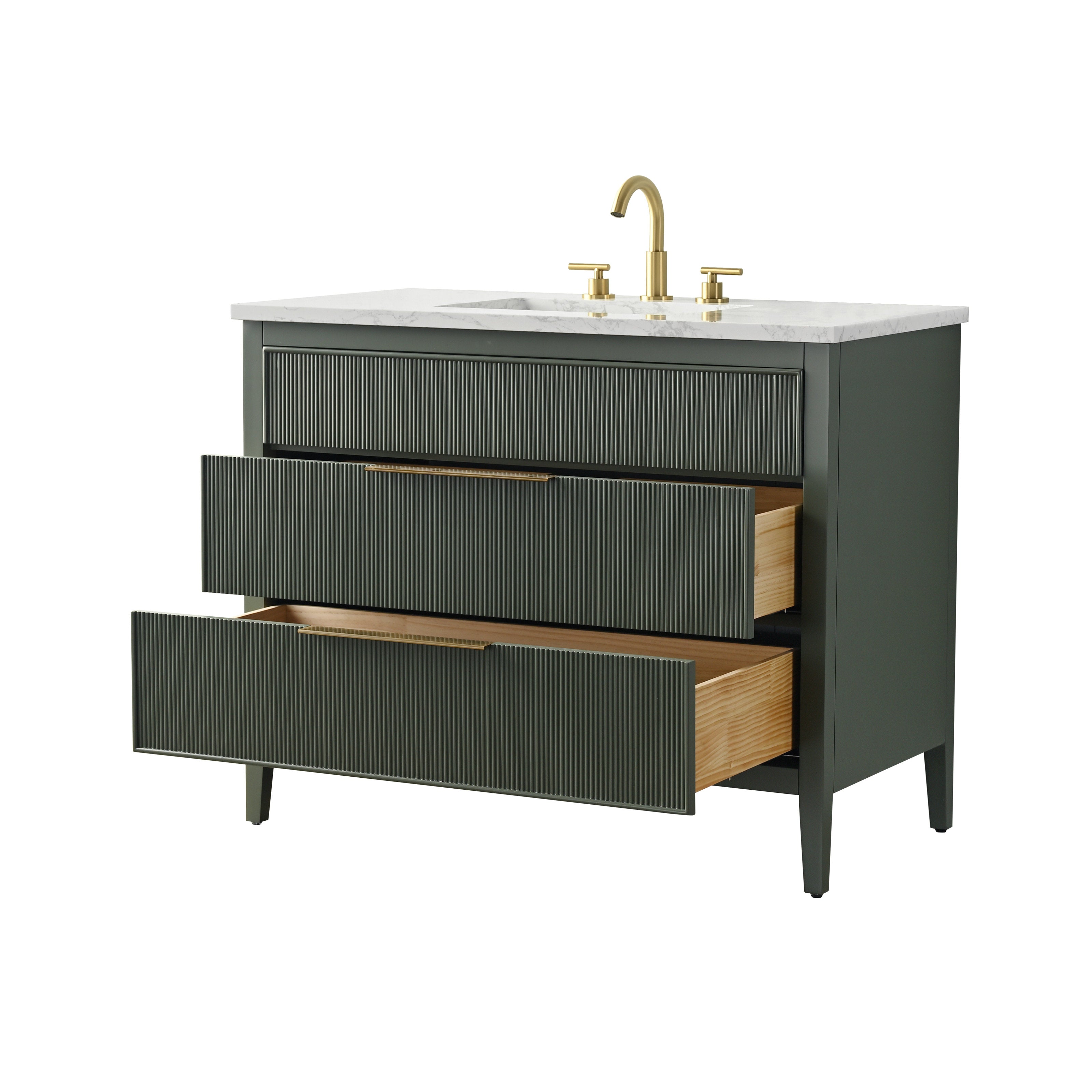 Modern single-sink bathroom vanity with white stone countertop and integrated sink, solid wood base with ribbed drawer fronts in a stone-toned finish, brass faucet and handles, shown with two drawers partially open.