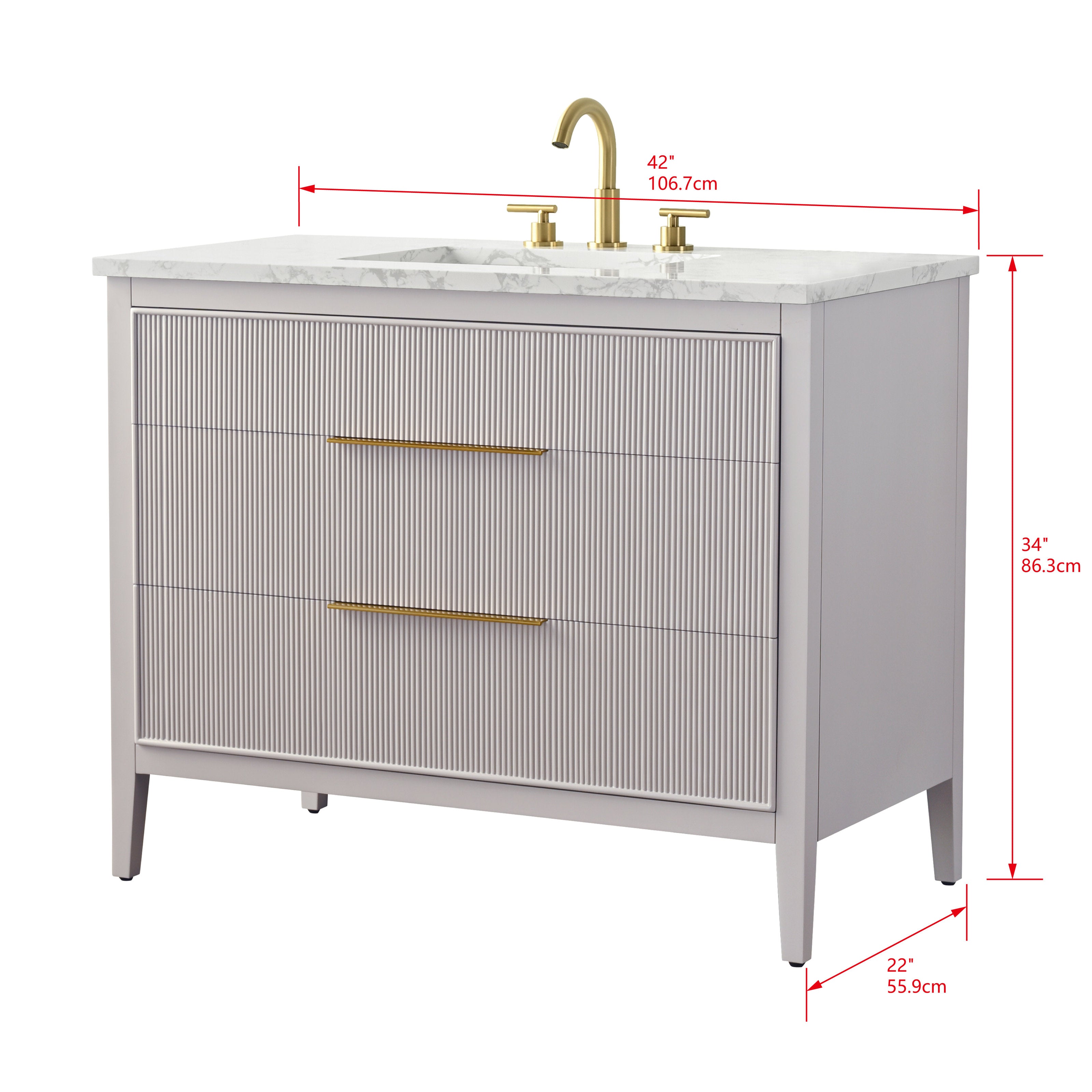 42-inch freestanding single-sink bathroom vanity in stone-colored solid wood with marbled stone top, integrated rectangular sink, fluted drawer fronts, long brass drawer pulls and brass faucet, tapered legs and red measurement arrows overlay
