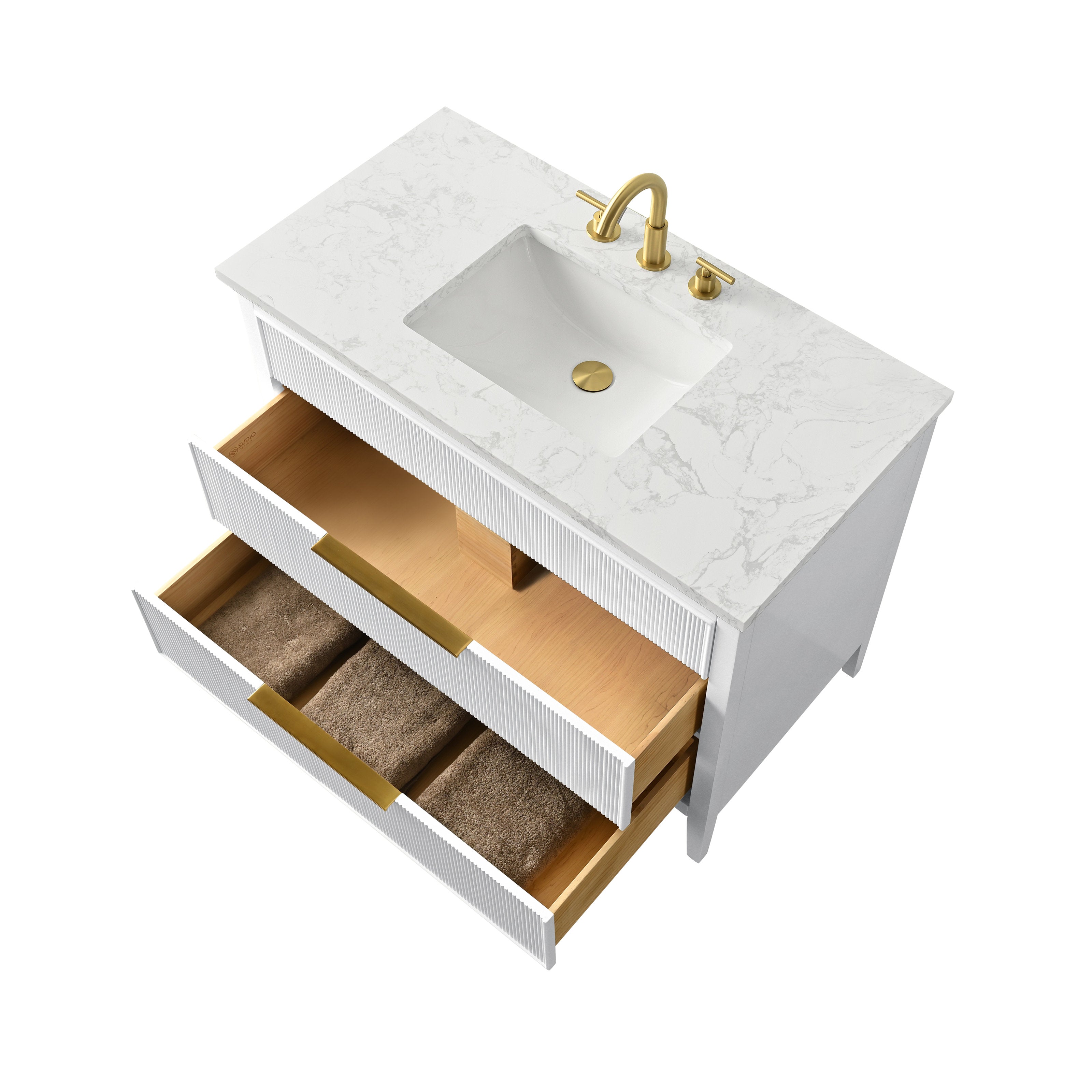 Modern 42-inch single-sink bathroom vanity with white marble-look stone top and integrated rectangular ceramic basin, white fluted solid-wood cabinet, two open drawers with natural wood interiors and gold-tone hardware.