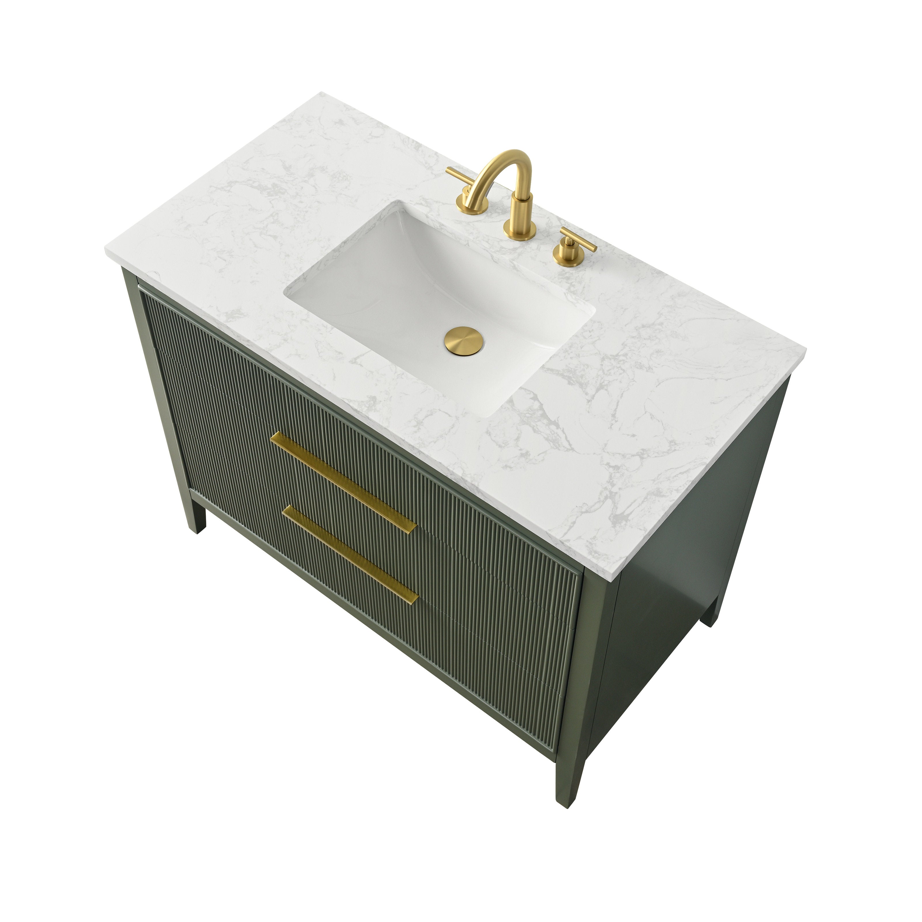 Top-down view of a 42-inch single-sink vanity featuring a white stone marble-look top with integrated rectangular ceramic sink, green solid wood freestanding base with fluted drawer fronts and brushed gold faucet and drawer pulls.