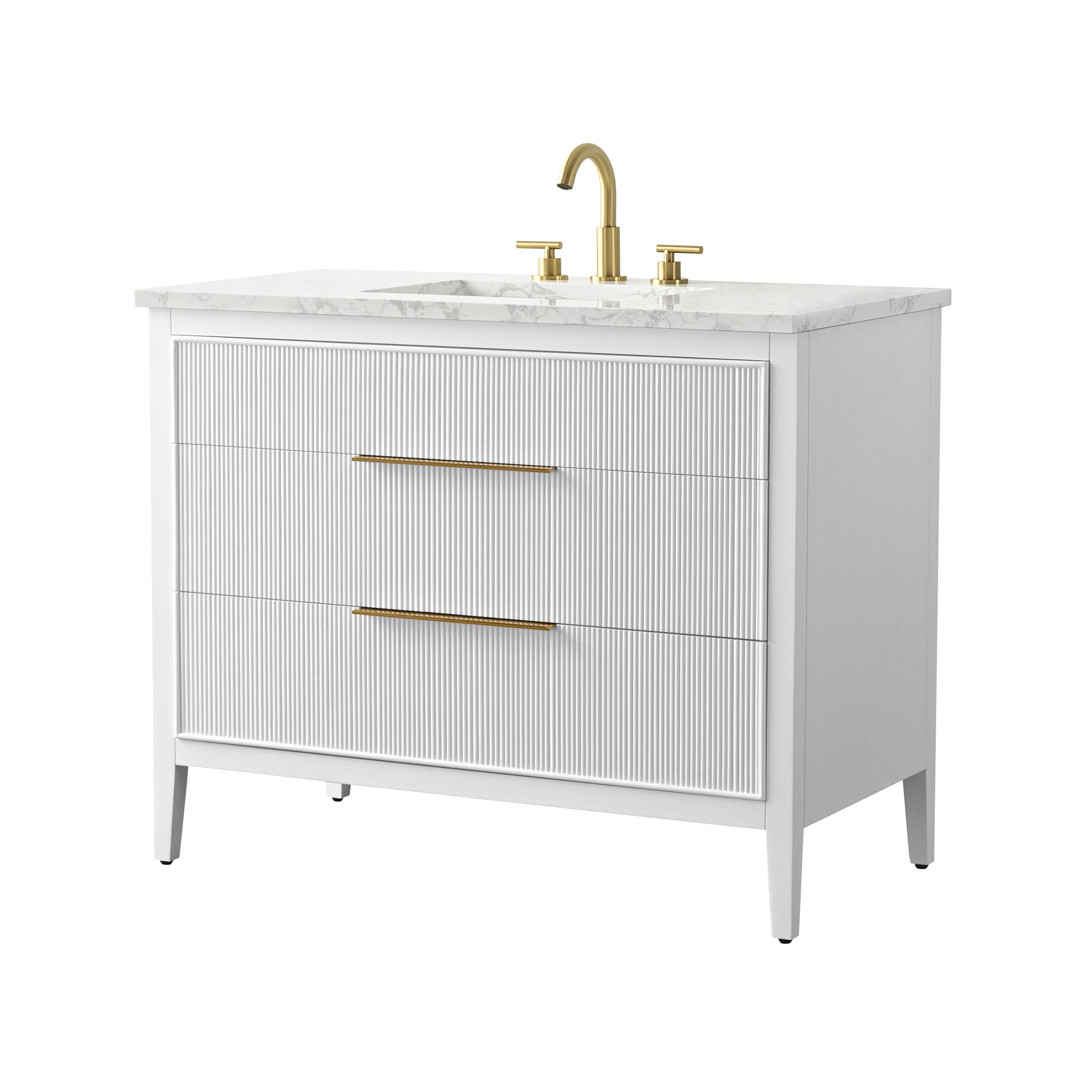 Freestanding 42-inch single-sink bathroom vanity with a stone marble-look top and integrated rectangular sink, solid wood white base with fluted drawer fronts, two gold-tone bar handles and matching gold faucet.