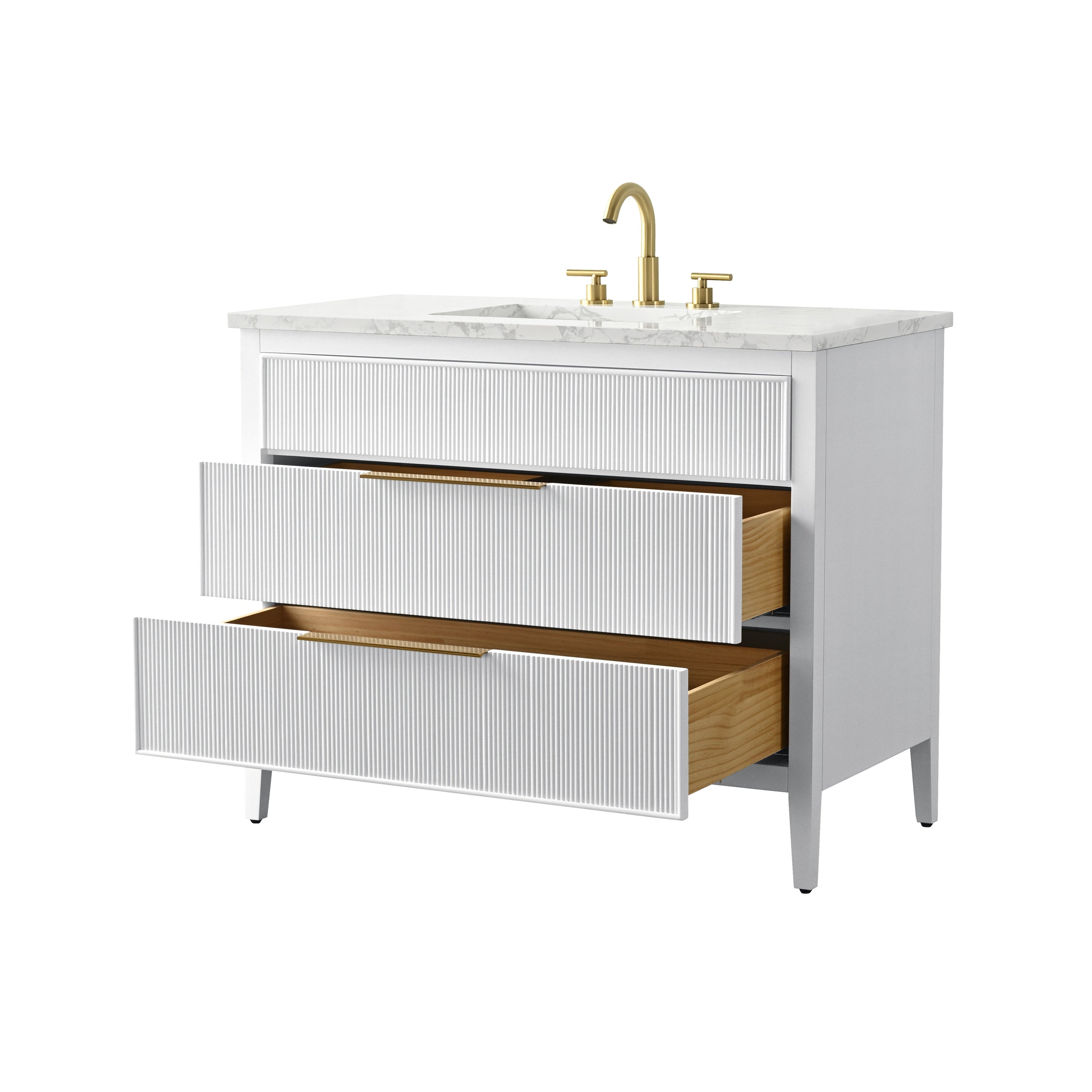 Modern 42-inch freestanding single-sink bathroom vanity in white solid wood with a stone-look marble top, two ribbed drawer fronts partially open to reveal natural wood interiors, and brushed gold faucet and drawer pulls.