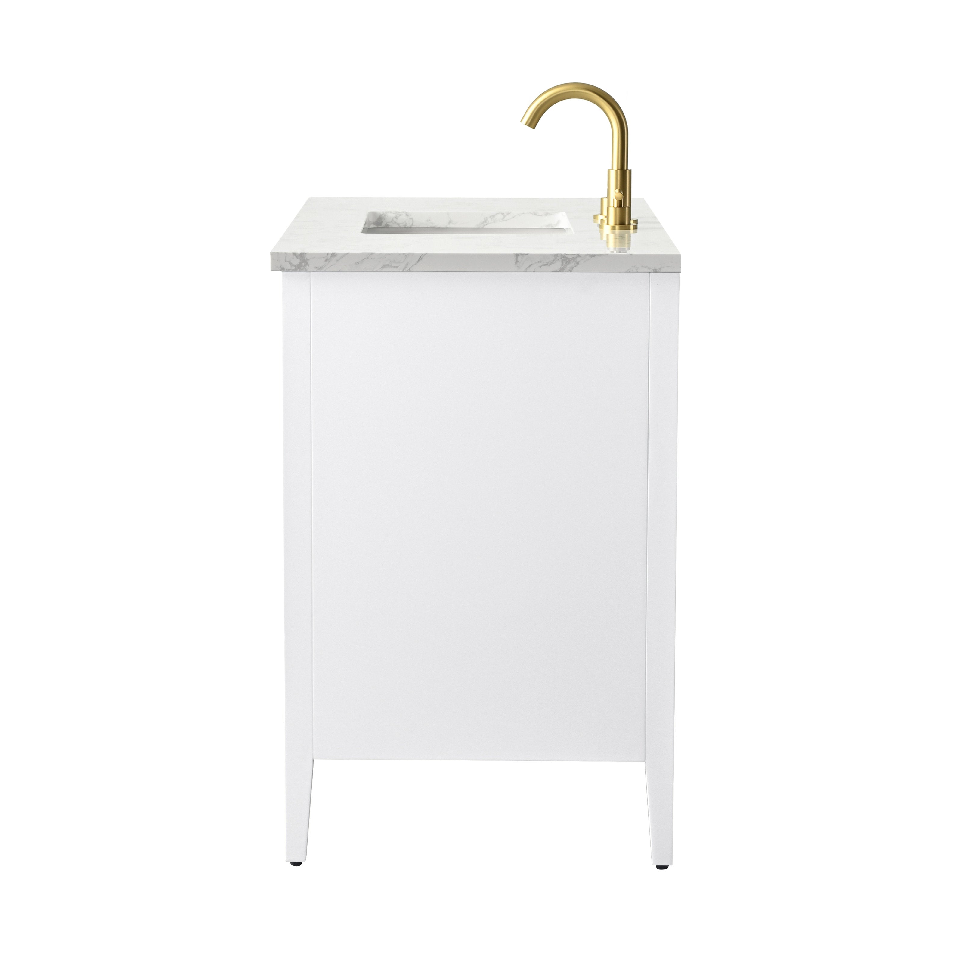Front view of a modern white solid-wood single-sink bathroom vanity with a stone marble-look top, integrated rectangular sink and a polished gold faucet.