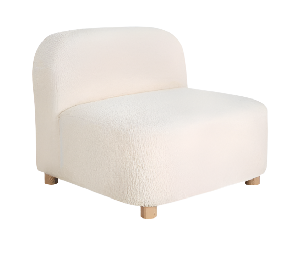Armless white boucle upholstered lounge chair with a rounded low back, deep seat and short natural wood legs in a modern, contemporary silhouette.