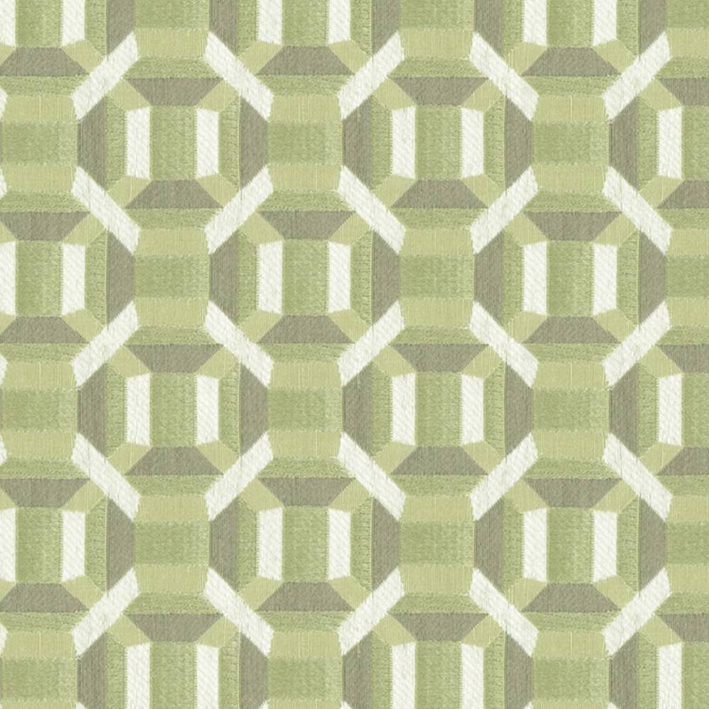 Close-up of 100% polyester upholstery fabric with a repeating geometric octagon pattern in pale green and cream, textured jacquard weave suitable for contemporary sofas.