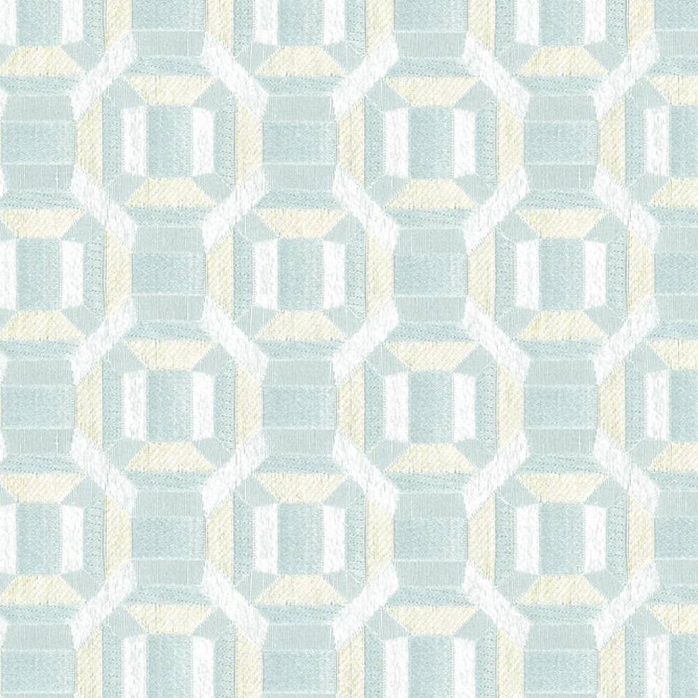 Close-up of 100% polyester upholstery fabric in pale seafoam, cream and white showing a repeating octagonal geometric motif with subtle woven texture and a 2.5 x 2.5 inch pattern repeat, suited for contemporary sofas.