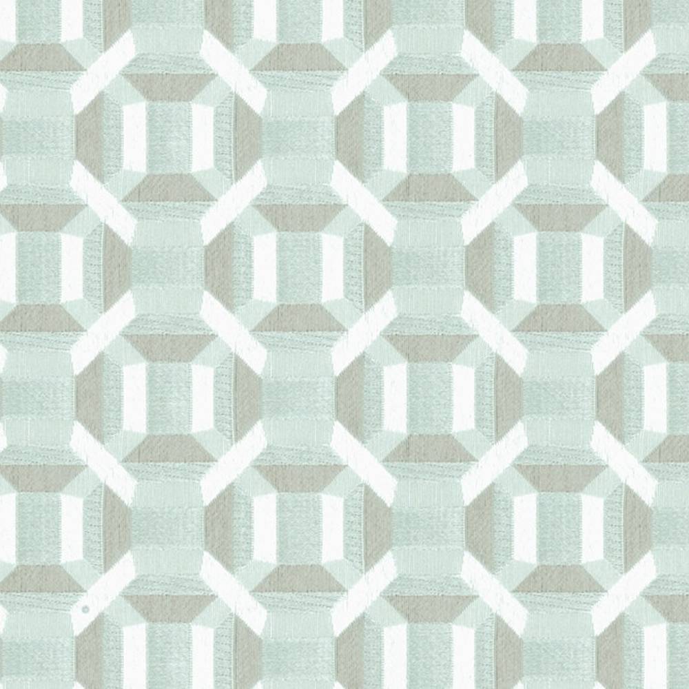 Close-up of 100% polyester upholstery fabric in soft mint, beige and white with a repeating geometric octagon-and-square motif, contemporary modern style for sofas.
