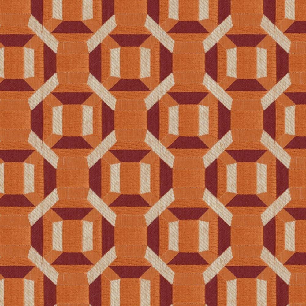 Close-up of a 100% polyester upholstery fabric swatch with a repeating geometric pattern in burnt orange, burgundy and cream textured accents, styled for contemporary sofa applications.