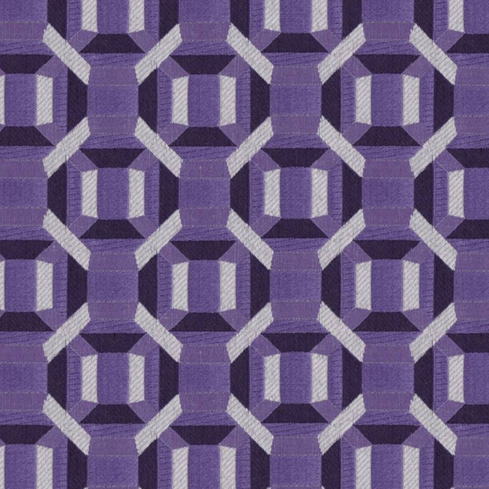 Close-up of purple geometric upholstery fabric showing an interlocking 3D cube motif in dark and light purple and lilac tones, woven 100% polyester for contemporary modern sofas.