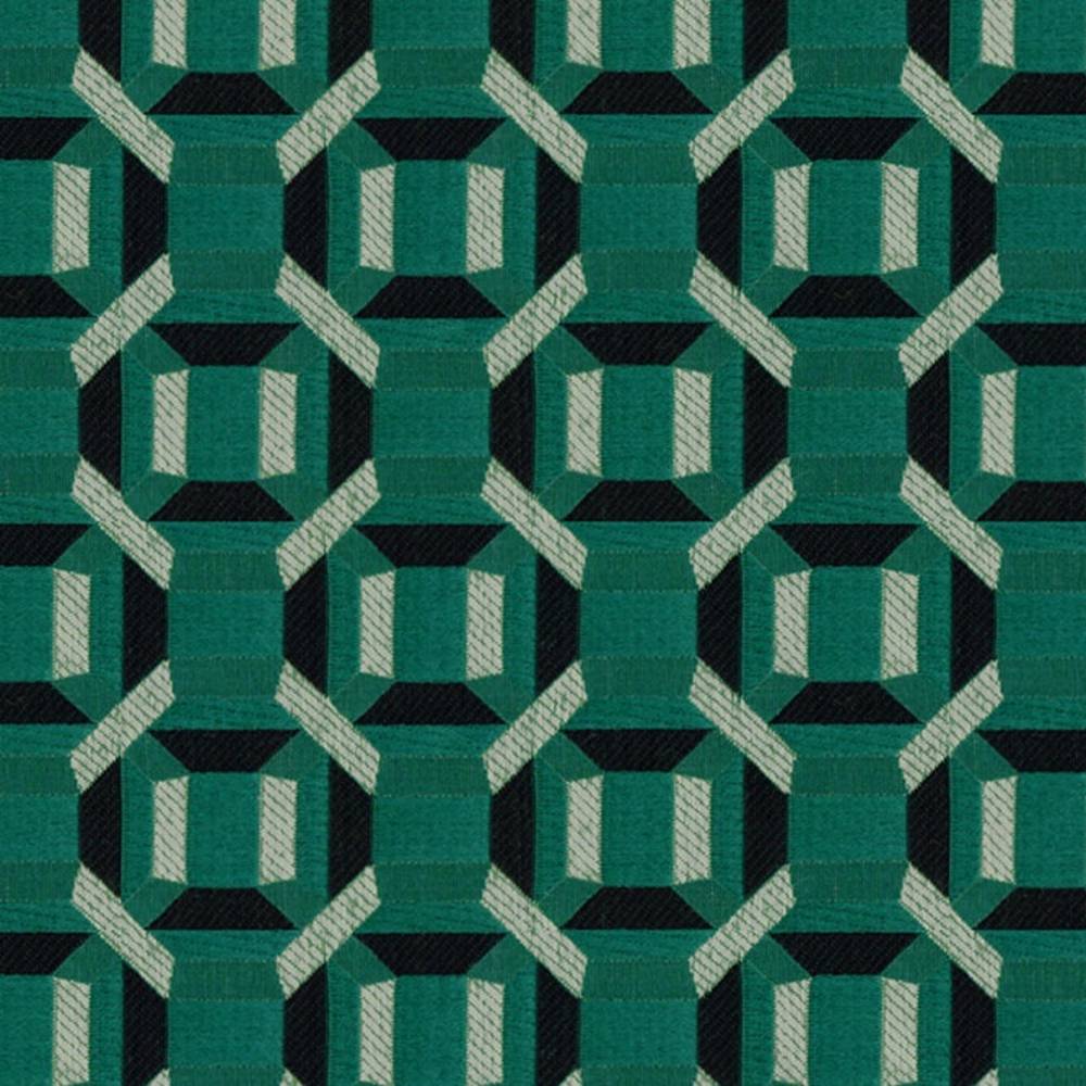 Close-up of 100% polyester upholstery fabric in teal and black with cream striped accents, showing a repeating geometric octagon-and-square pattern for contemporary, modern sofa use.