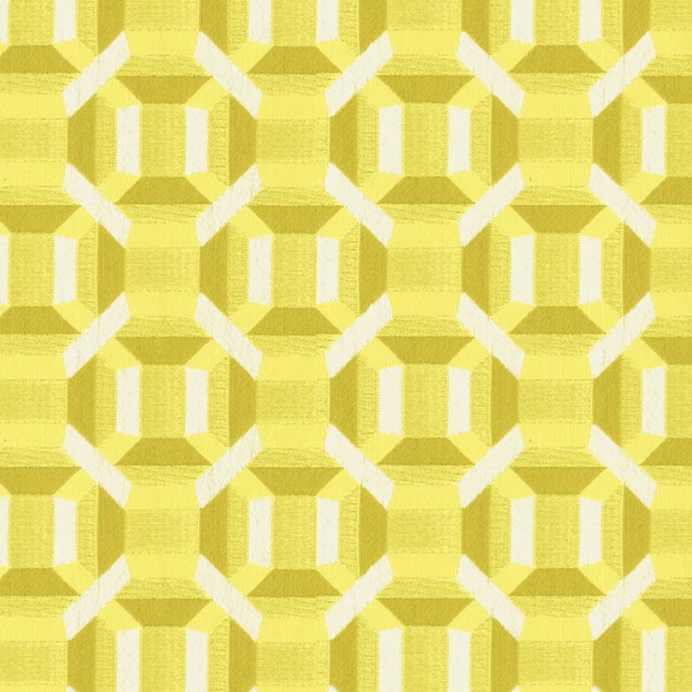Close-up of bright yellow geometric upholstery fabric in 100% polyester, showing a repeating octagonal-and-square jacquard pattern ideal for contemporary sofas and indoor upholstery.
